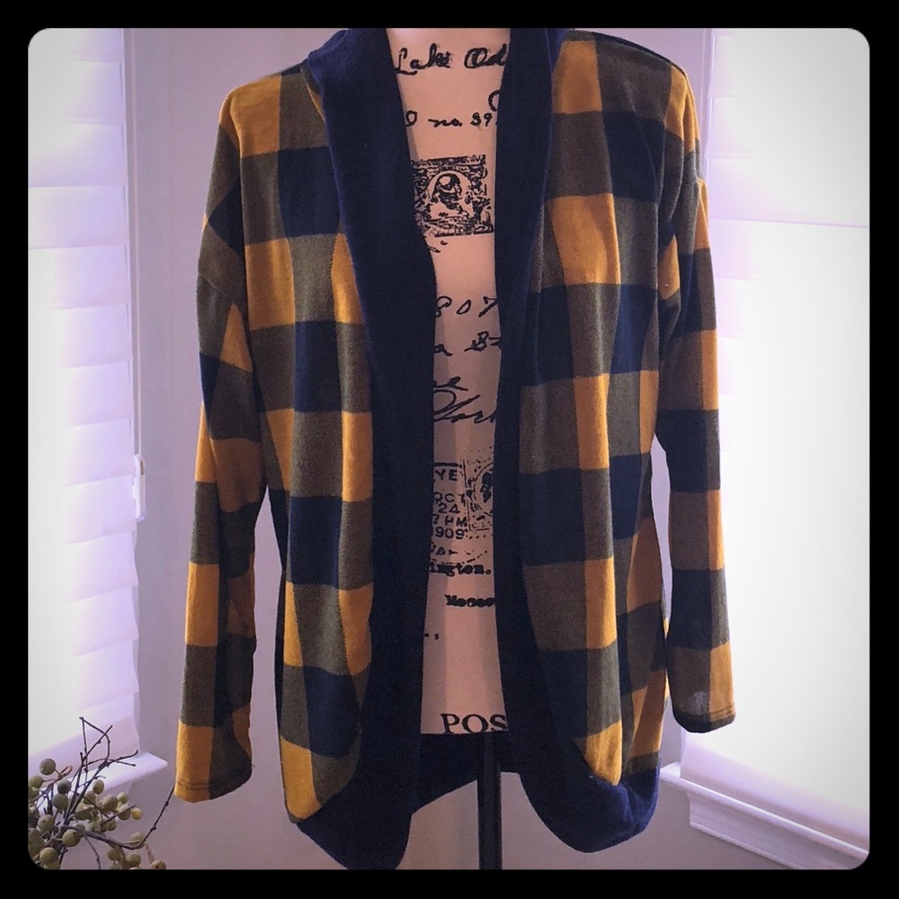 Navy and mustard hooded cardigan